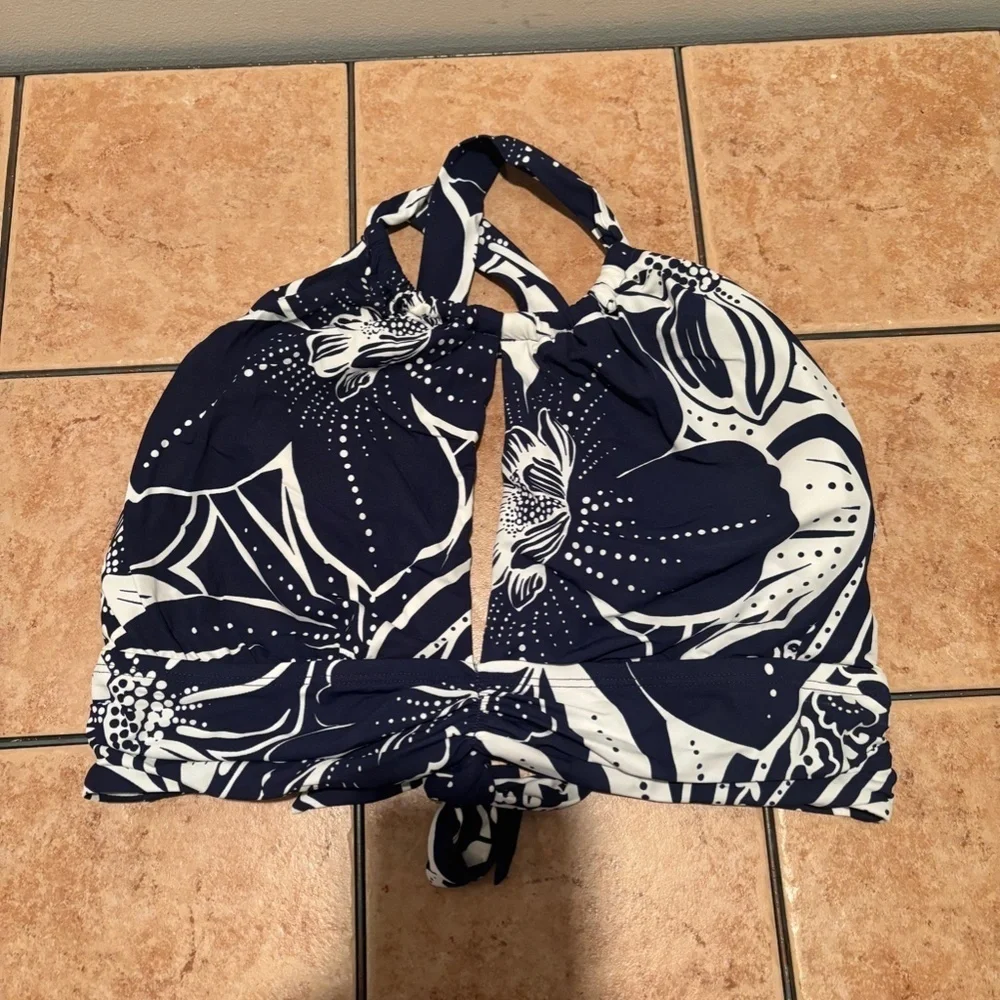 LA Blanca At the Playa High Neck Midline Bikini Top Navy and White Size 10